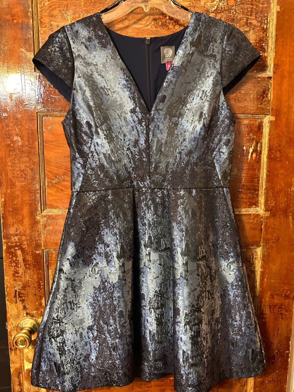 Vince Camuto Black and Silver V-Neck Fit-and-Flare Dress